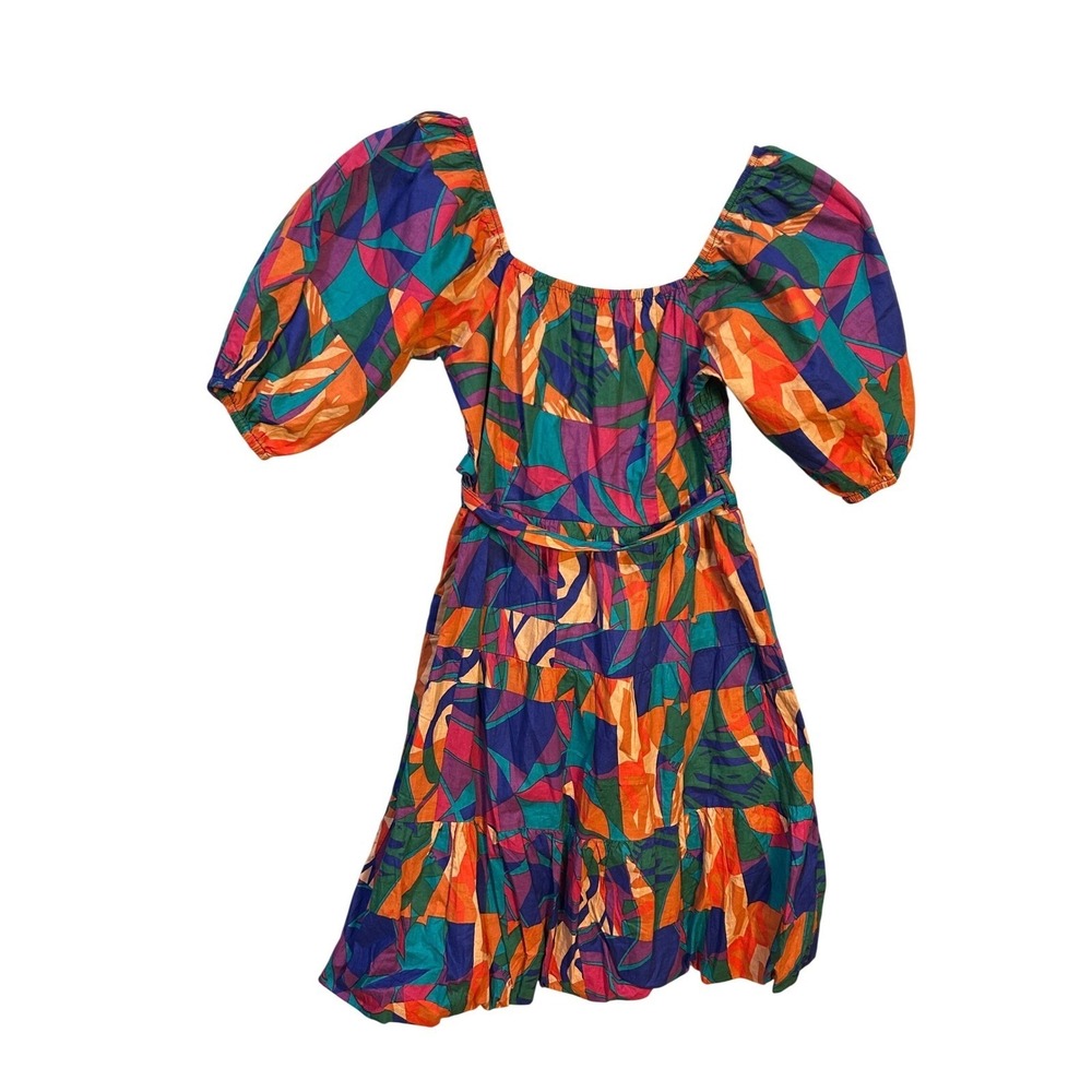 Abstract Print Square Neck Puff Sleeve Tiered Knee Length Dress XS Festival